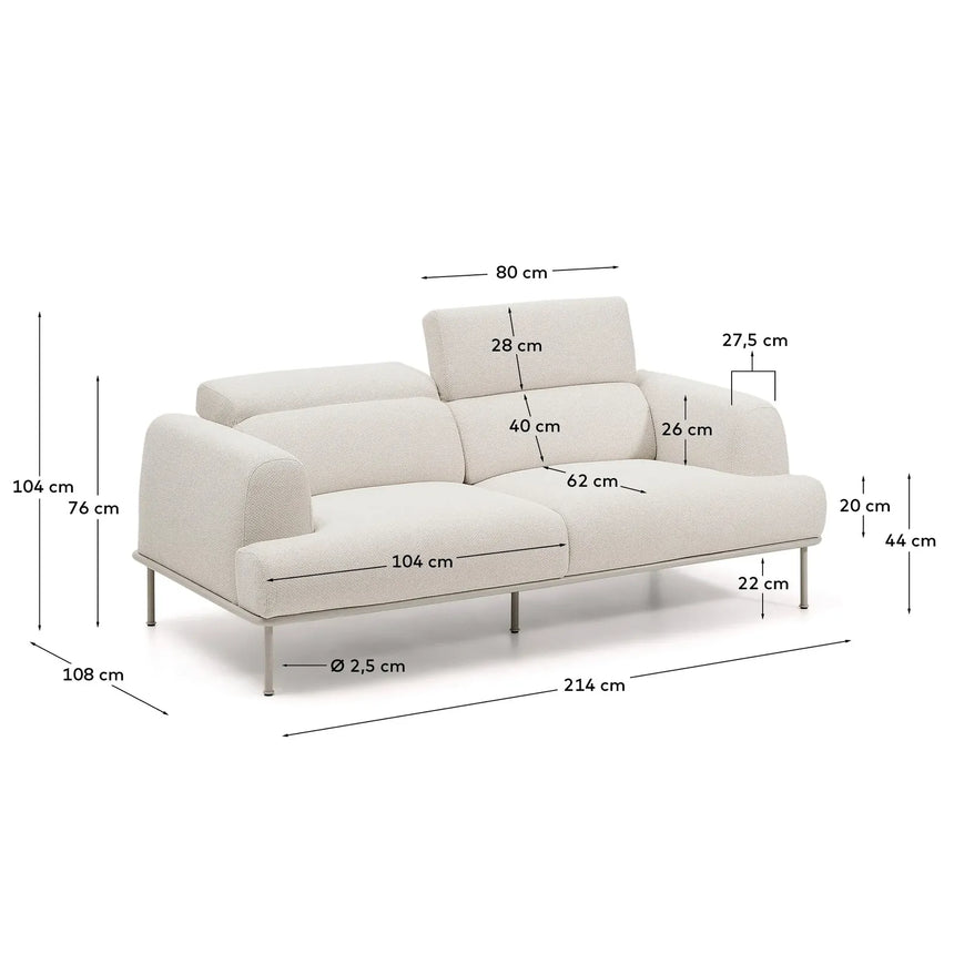 2-Sitzer-Sofa Aurum aus ecrufarbener Chenille mit verstellbarem Kopfteil und mattbeiger Metallbasis 210 cm FSC Mix Credit - ZEN ZONE Furniture