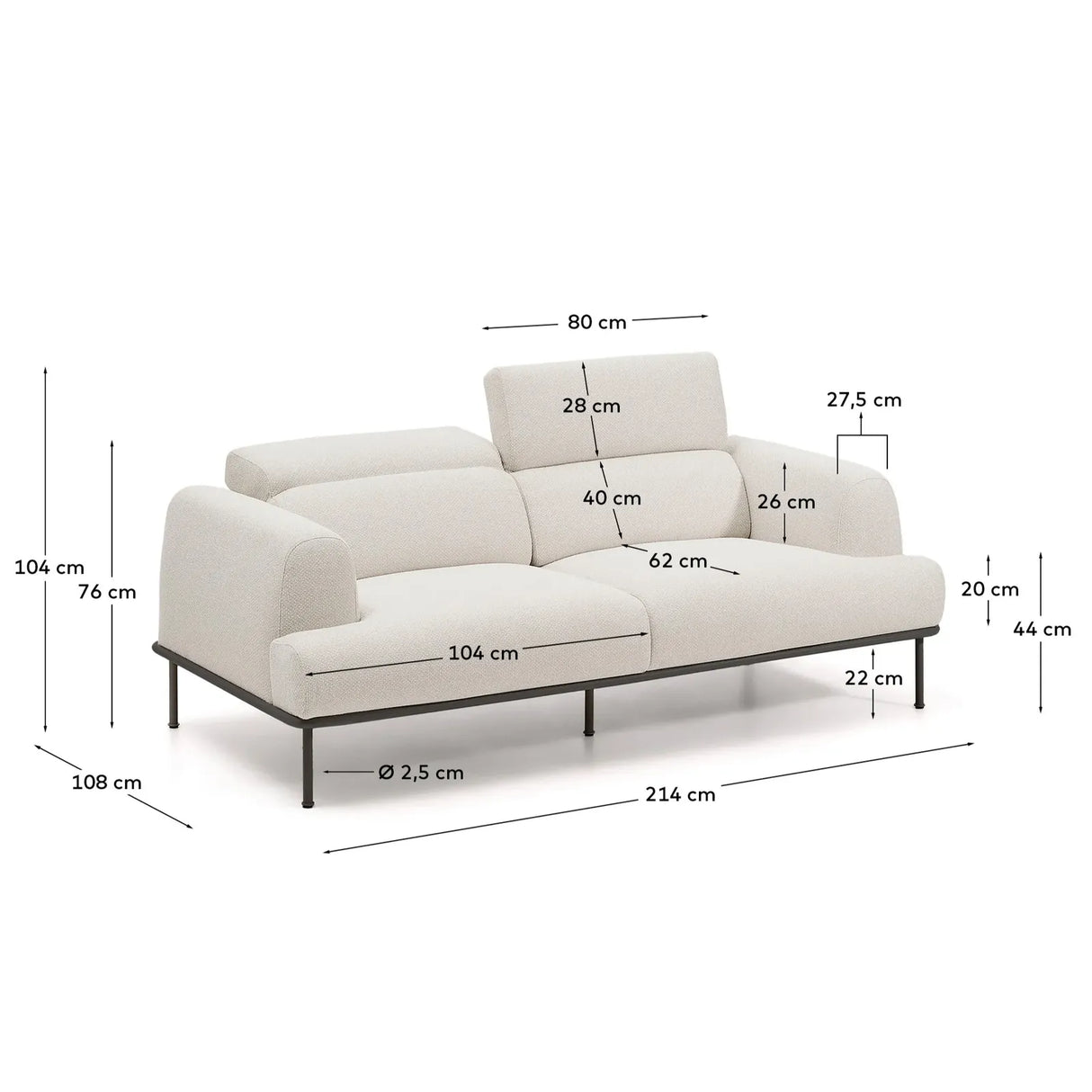 2-Sitzer-Sofa Aurum aus ecrufarbener Chenille mit verstellbarem Kopfteil und mattgrauer Metallbasis 210 cm FSC Mix Credit - ZEN ZONE Furniture