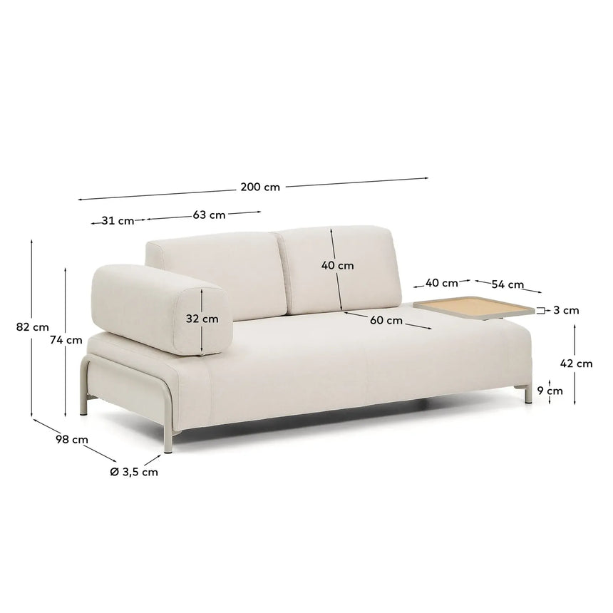 2-Sitzer-Sofa Compo aus Chenille in Ecru, großes Tablett mit Eichenfurnier und beiges Metallgestell 200 cm FSC Mix Credit - ZEN ZONE Furniture