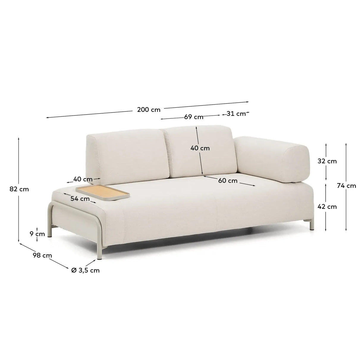 2-Sitzer-Sofa Compo aus Chenille in Ecru, kleines Tablett mit Eichenfurnier und beiges Metallgestell 200 cm FSC Mix Credit - ZEN ZONE Furniture