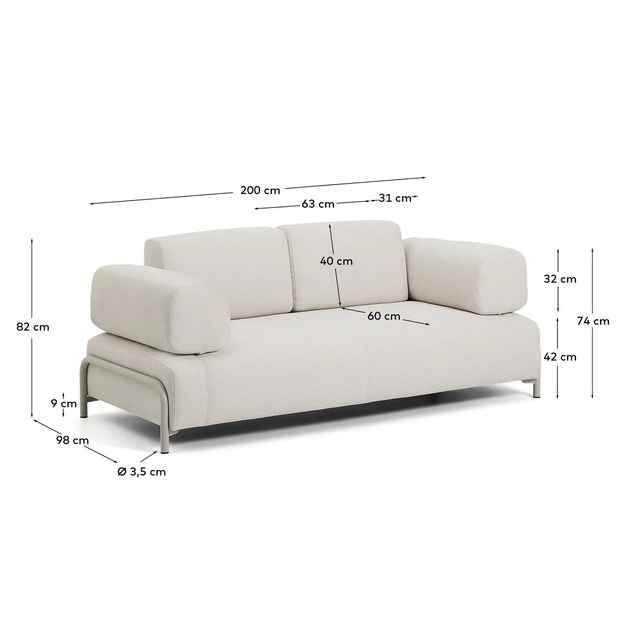 2-Sitzer-Sofa Compo aus Chenille in Ecru mit beigem Metallgestell 200 cm FSC Mix Credit - ZEN ZONE Furniture