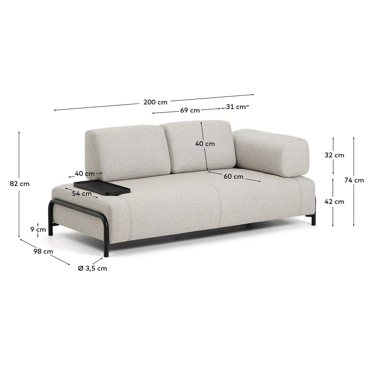 2-Sitzer-Sofa Compo in Graubeige mit kleinem Tablett und schwarzem Metallgestell 200 cm FSC Mix Credit - ZEN ZONE Furniture