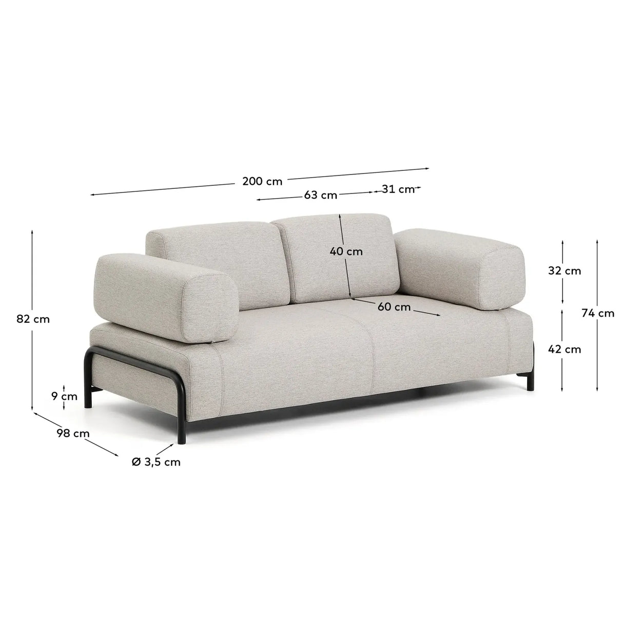 2-Sitzer-Sofa Compo in Graubeige mit schwarzem Metallgestell 200 cm FSC Mix Credit - ZEN ZONE Furniture