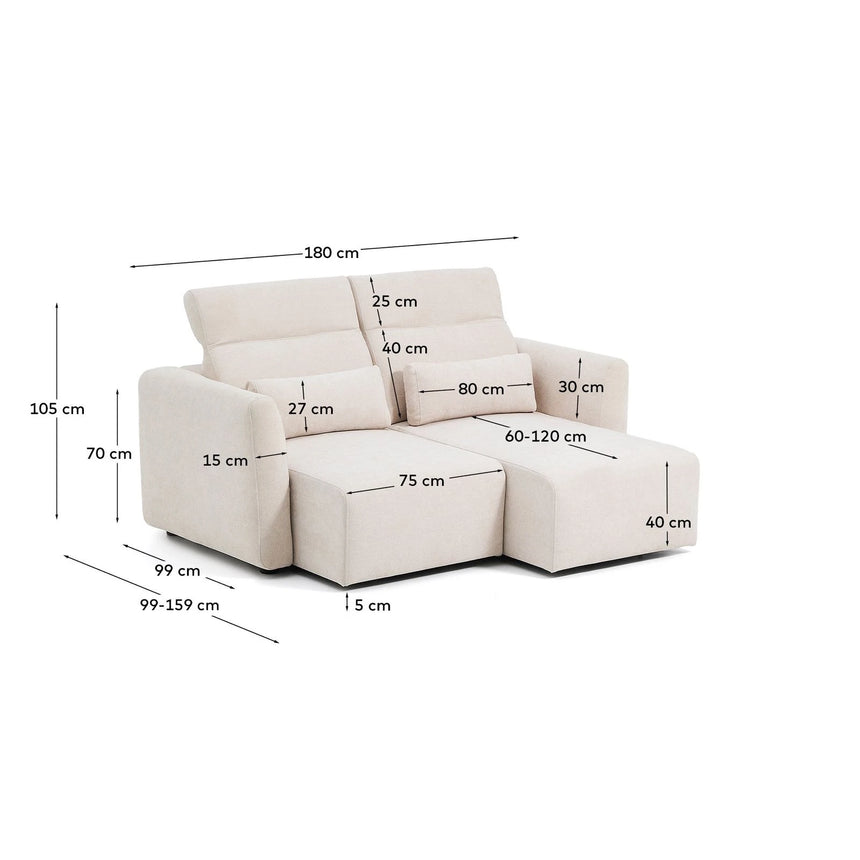 2-Sitzer-Sofa Lares mit elektrisch ausfahrbaren Sitzen und verstellbarer Kopfstütze in beiger Chenille, 180 cm von Kave Home – Produktbild 6