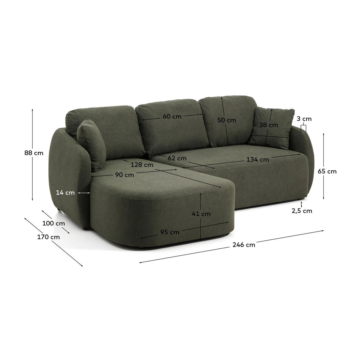 3-Sitzer-Bettsofa Laira in dunkelgrüner Chenille und Chaiselongue links, 246 cm, FSC Mix Credit von Kave Home – Produktbild 4