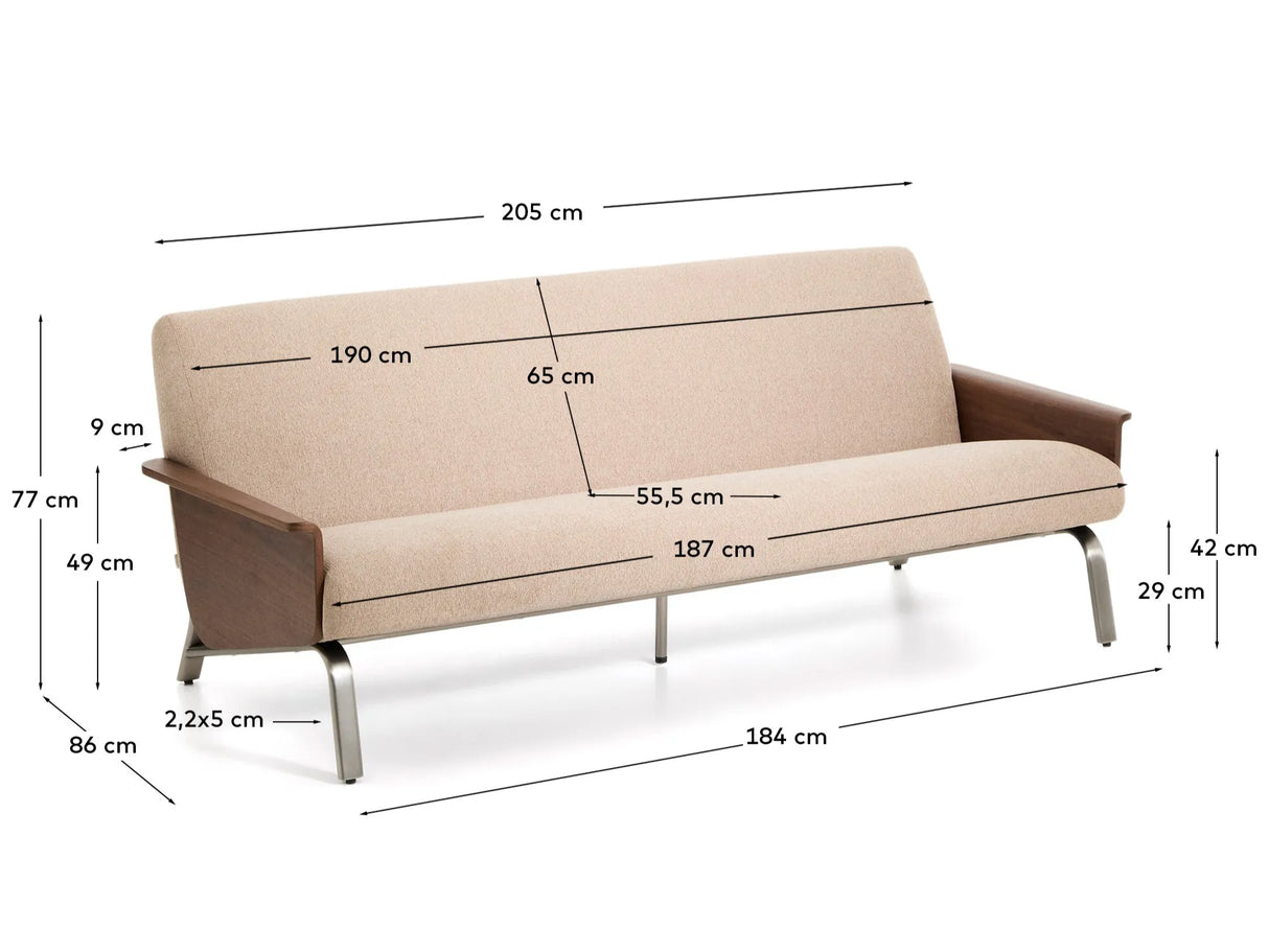 3-Sitzer-Sofa Amsen in Hellbraun aus Nussbaumsperrholz und Beinen aus em gebürsteten Edelstahl 190 cm FSC 100 % von Kave Home – Produktbild 3