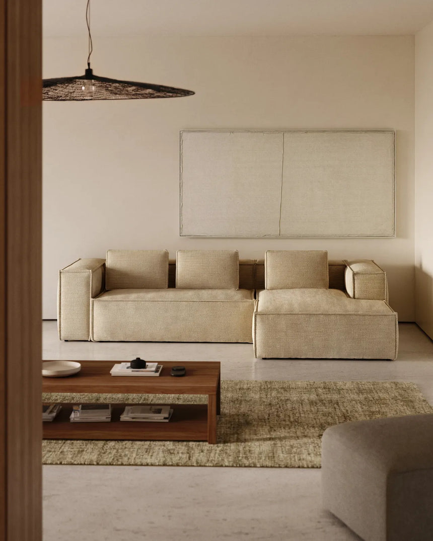 3-Sitzer-Sofa Blok mit dickem Cord in Naturfarbe und Chaiselongue rechts 300 cm FSC Mix Credit von Kave Home – Produktbild 1