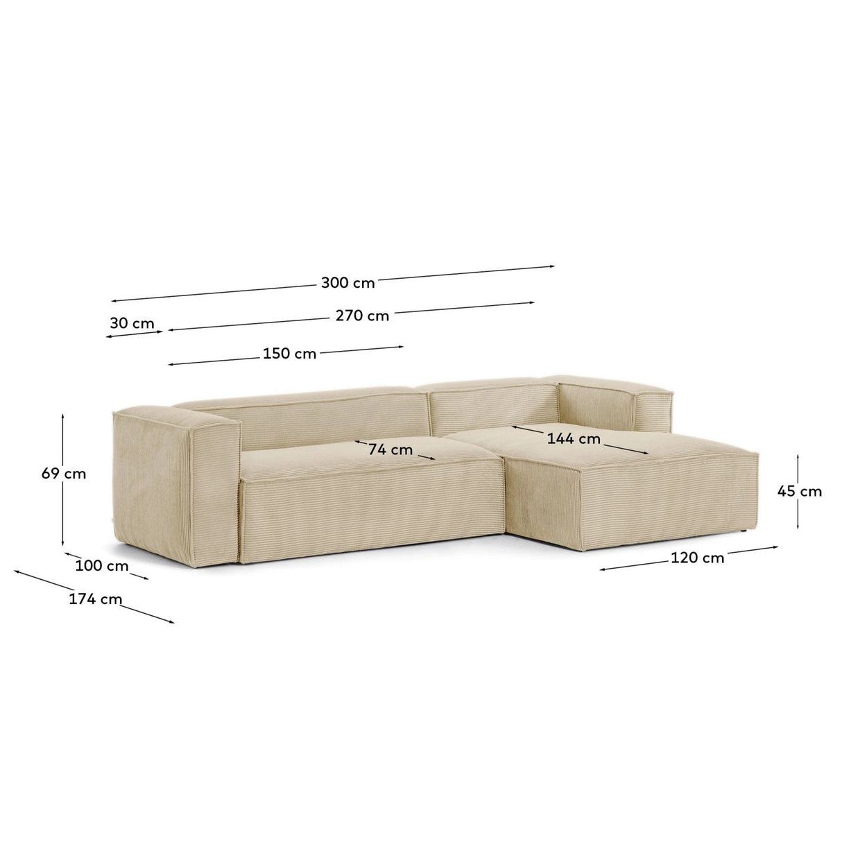 3-Sitzer-Sofa Blok mit dickem Cord in Naturfarbe und Chaiselongue rechts 300 cm FSC Mix Credit von Kave Home – Produktbild 2