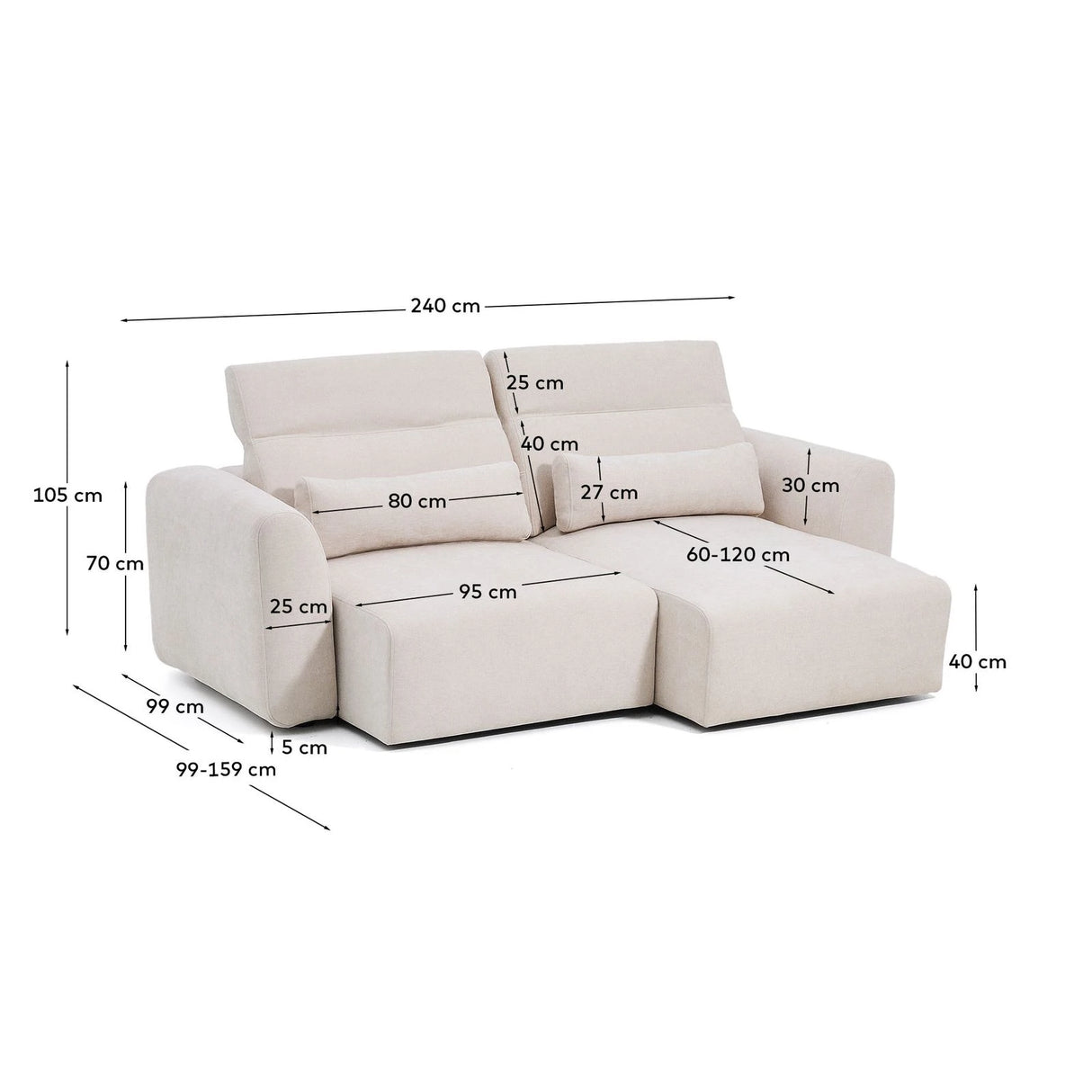3-Sitzer-Sofa Lares mit elektrisch ausfahrbaren Sitzen und verstellbarer Kopfstütze in beiger Chenille, 240 cm von Kave Home – Produktbild 6