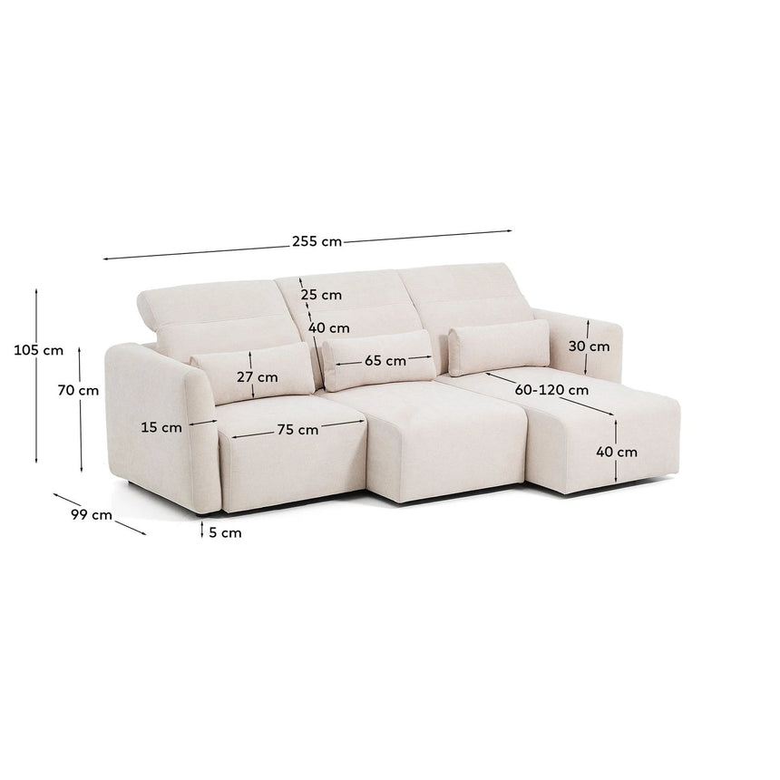3-Sitzer-Sofa Lares mit elektrisch ausfahrbaren Sitzen und verstellbarer Kopfstütze in beiger Chenille, 255 cm von Kave Home – Produktbild 6