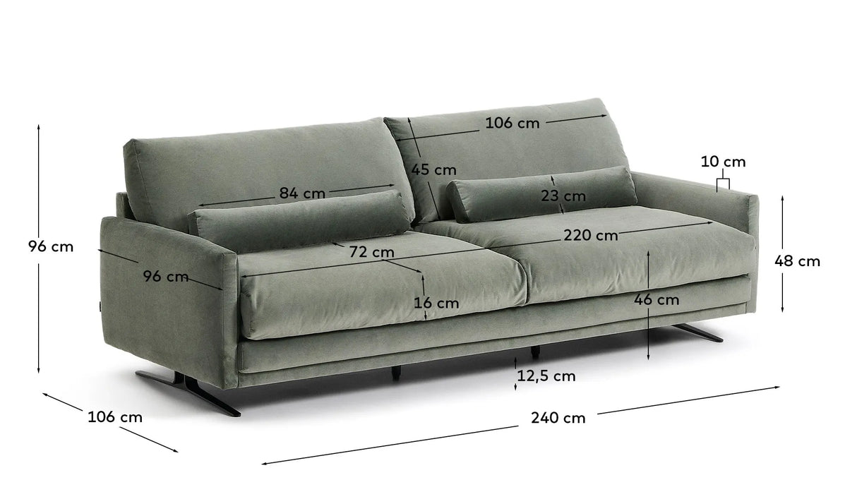 3-Sitzer-Sofa Veliro aus grünem Samt mit Stahlbeinen in schwarzer Ausführung, 240 cm, FSC Mix Credit von Kave Home – Produktbild 5