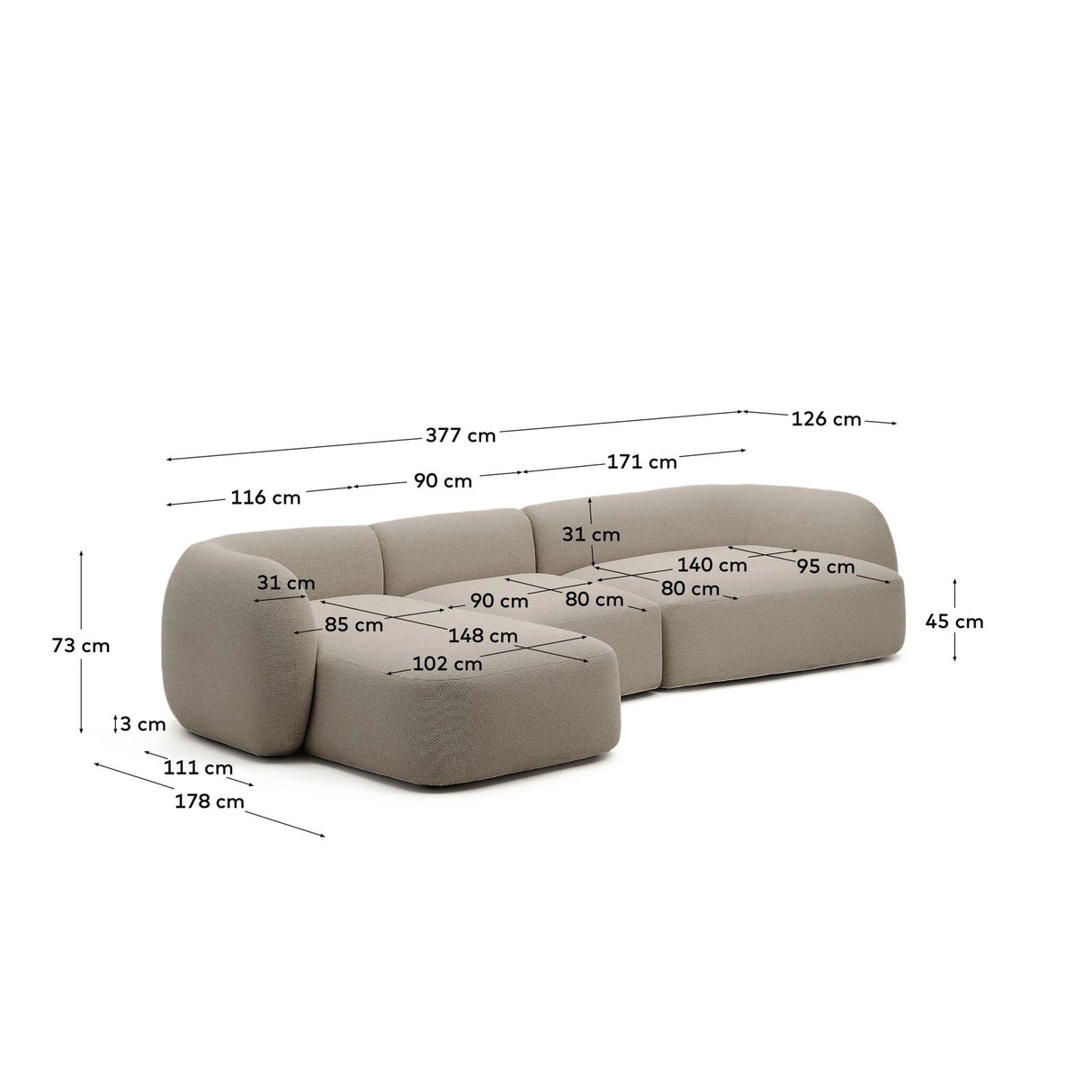 4-Sitzer-Modularsofa Martina mit Chenille und Chaiselongue links in Steinton 377 cm von Kave Home – Bild 3