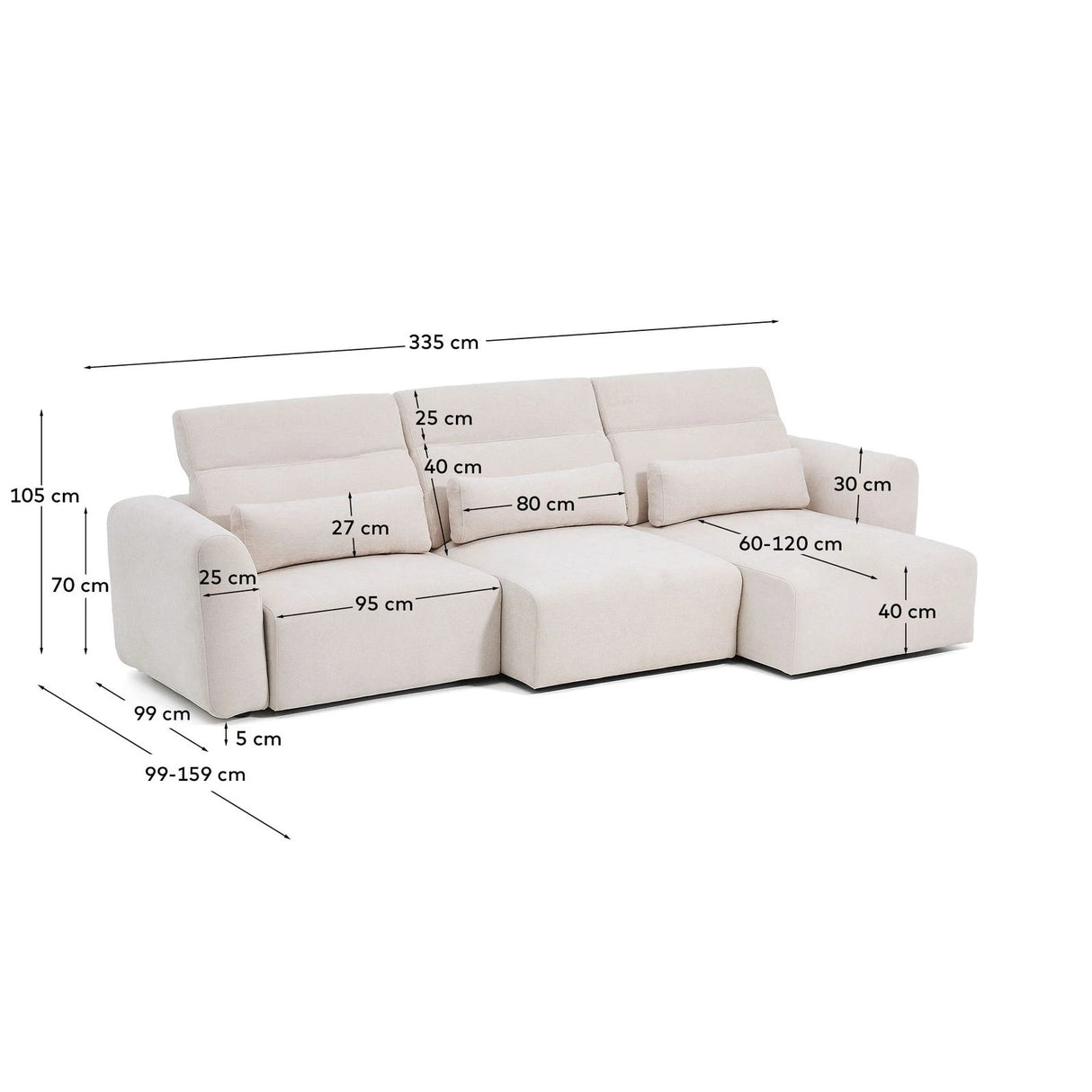 5-Sitzer-Sofa Lares mit elektrisch ausfahrbaren Sitzen und verstellbarer Kopfstütze in beiger Chenille, 335 cm von Kave Home – Produktbild 6
