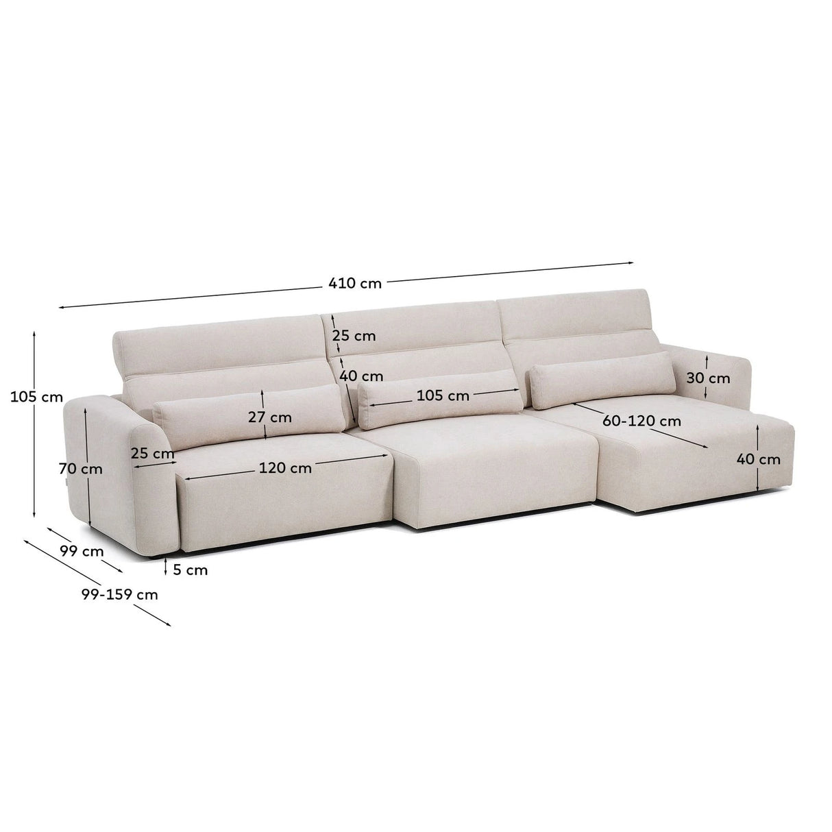 6-Sitzer-Sofa Lares mit elektrisch ausfahrbaren Sitzen und verstellbarer Kopfstütze in beiger Chenille, 410 cm von Kave Home – Produktbild 6