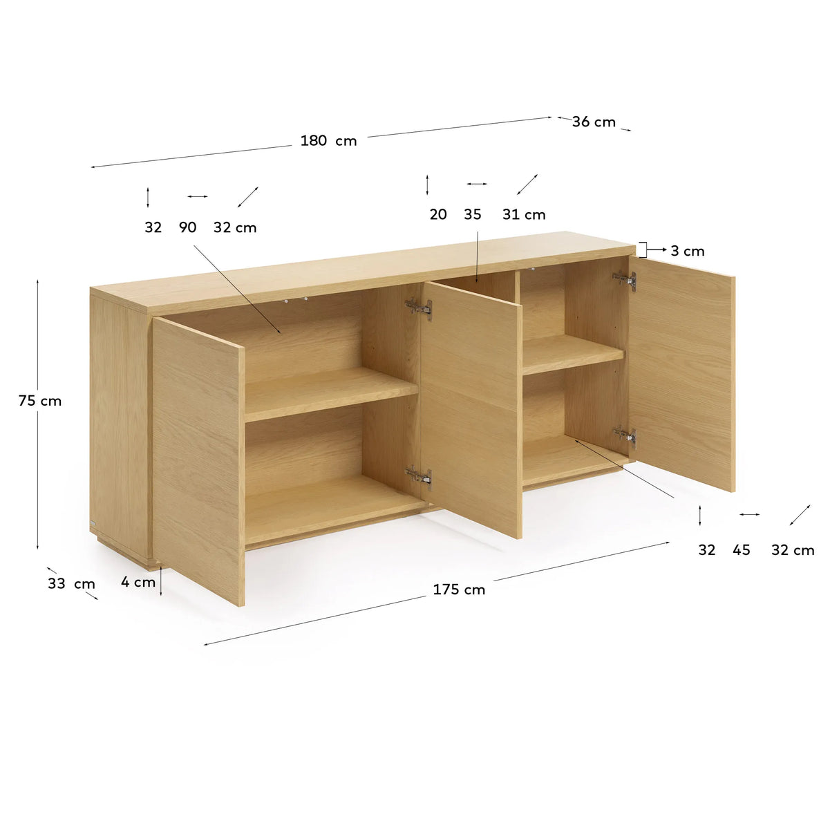 Abilen Sideboard 3 Türen Eichenfurnier 180 x 75 cm FSC 100% von Kave Home – Produktbild 1