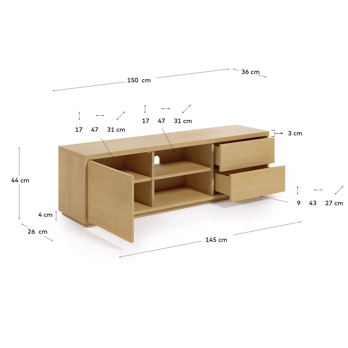 Abilen TV-Schrank 1 Türe und 2 Schubladen aus Eichenfurnier 150 x 44 cm FSC 100% von Kave Home – Produktbild 2