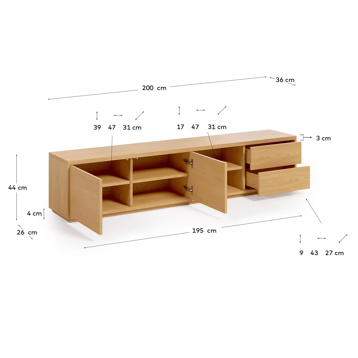 Abilen TV-Schrank 2 Türen und 2 Schubladen aus Eichenfurnier 200 x 44 cm FSC 100% von Kave Home – Produktbild 2