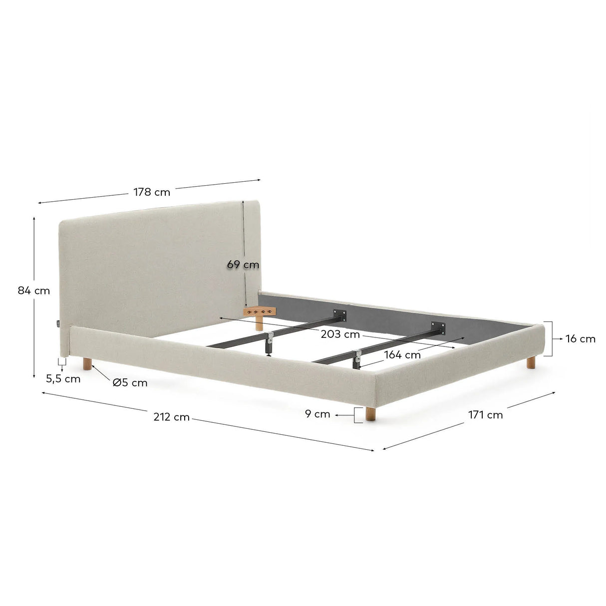 Abziehbares Bett Valma aus perlfarbener Chenille mit Beinen aus massivem Buchenholz für Matratze von 160 x 200 cm von Kave Home – Produktbild 6