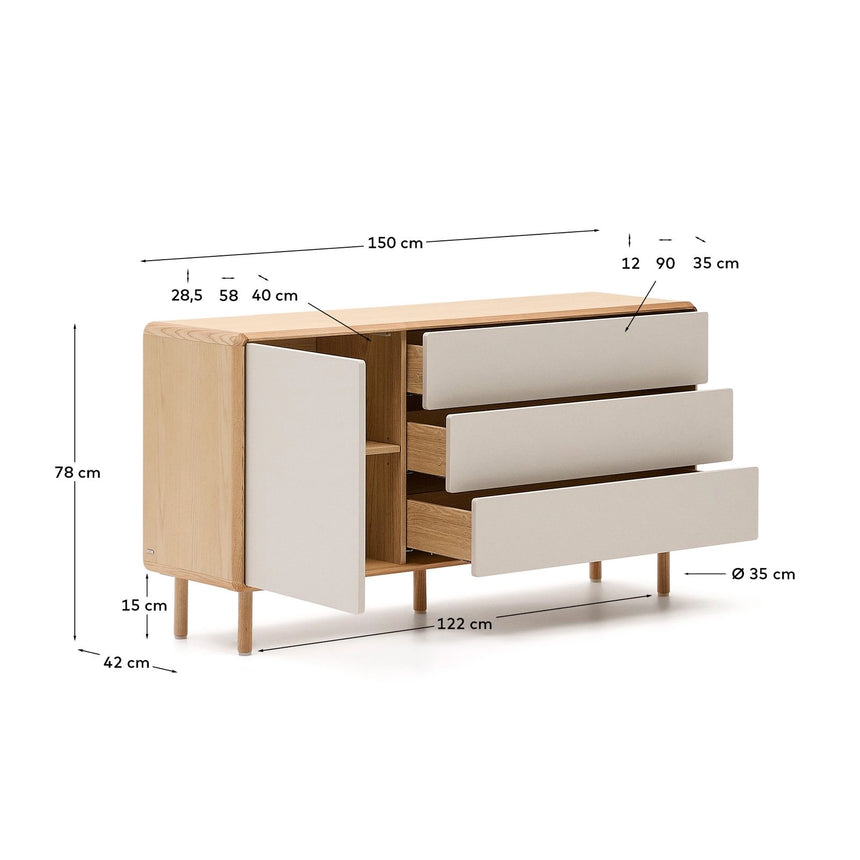 Anielle Sideboard 1 Türe und 3 Schubladen aus Esche massiv und Furnier 150 x 78 cm von Kave Home – Bild 4
