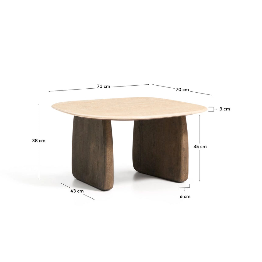 Beistelltisch Pirita aus beigem Travertin mit Beinen aus massivem Eichenholz, 71 x 70 cm, FSC 100 % von Kave Home – Bild 2
