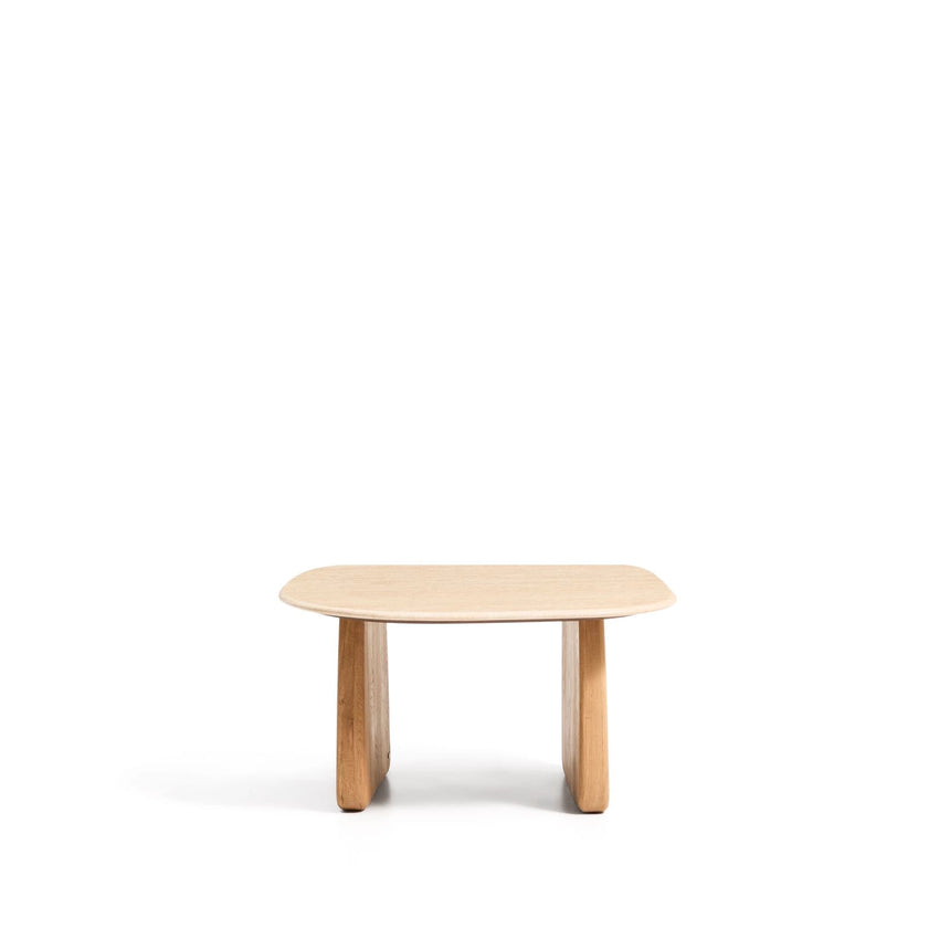 Beistelltisch Pirita aus beigem Travertin mit Beinen aus massivem Eichenholz mit naturfarbenem Finish, 71 x 70 cm, FSC 100 % von Kave Home – Bild 1