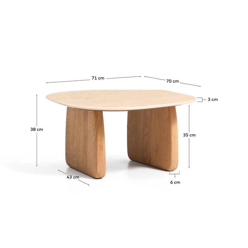Beistelltisch Pirita aus beigem Travertin mit Beinen aus massivem Eichenholz mit naturfarbenem Finish, 71 x 70 cm, FSC 100 % von Kave Home – Bild 6