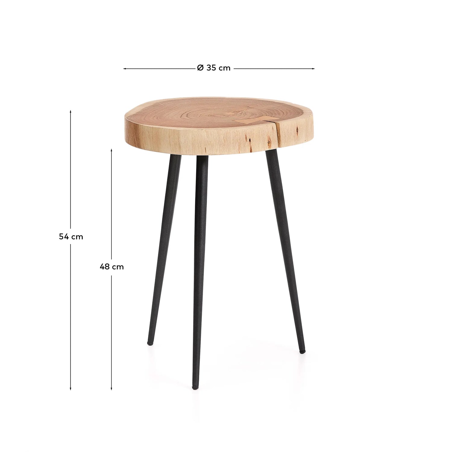 Beistelltisch Tanive aus massivem Akazienholz mit gebleichtem Finish und schwarzen Stahlbeinen Ø 35 cm von Kave Home – Produktbild 4
