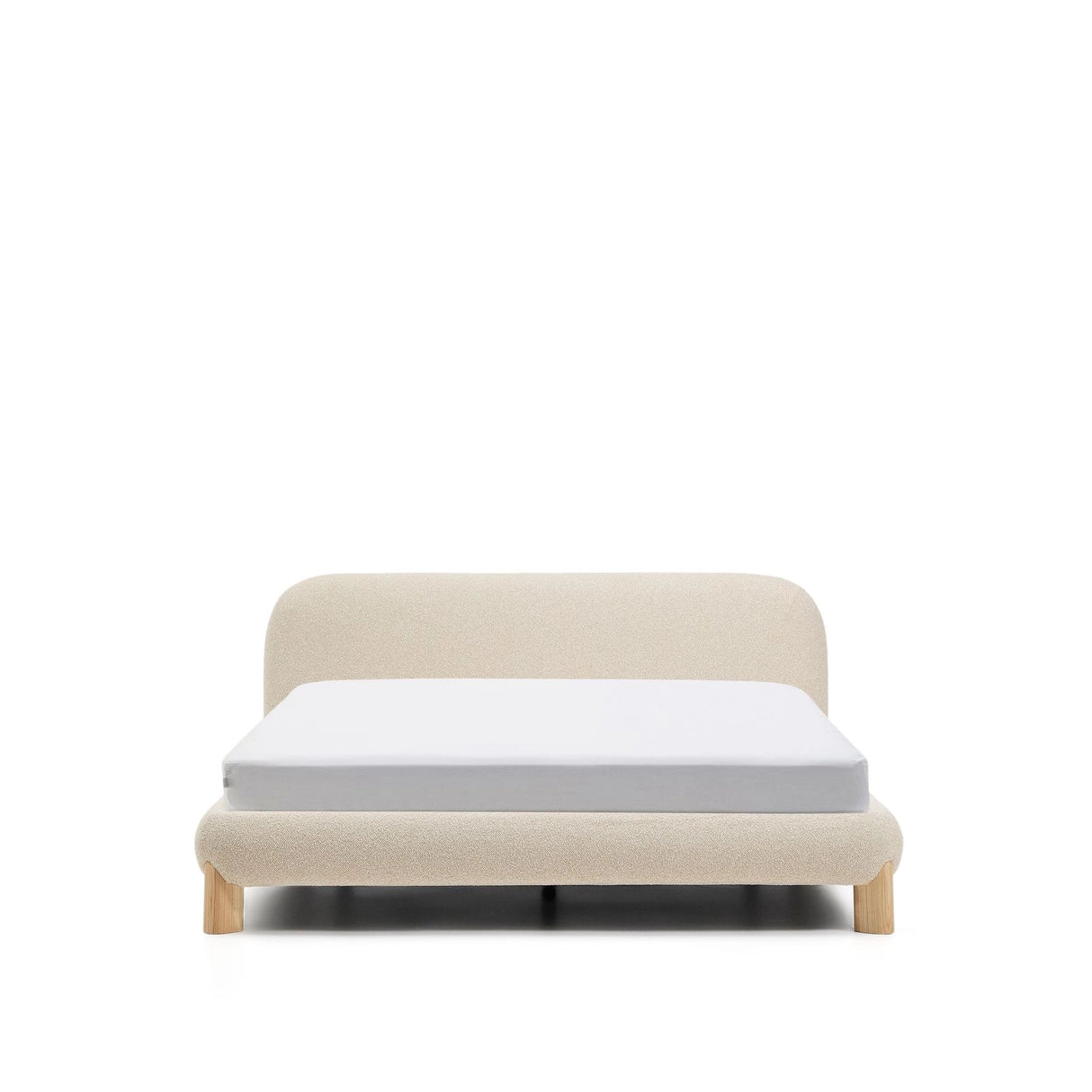 Bett Odina mit abnehmbarem Bezug aus ecrufarbenem Boucléstoff, Beine aus Eschenholz, naturfarbenes Finish, für Matratzen 160 x 200 cm von Kave Home – Bild 1