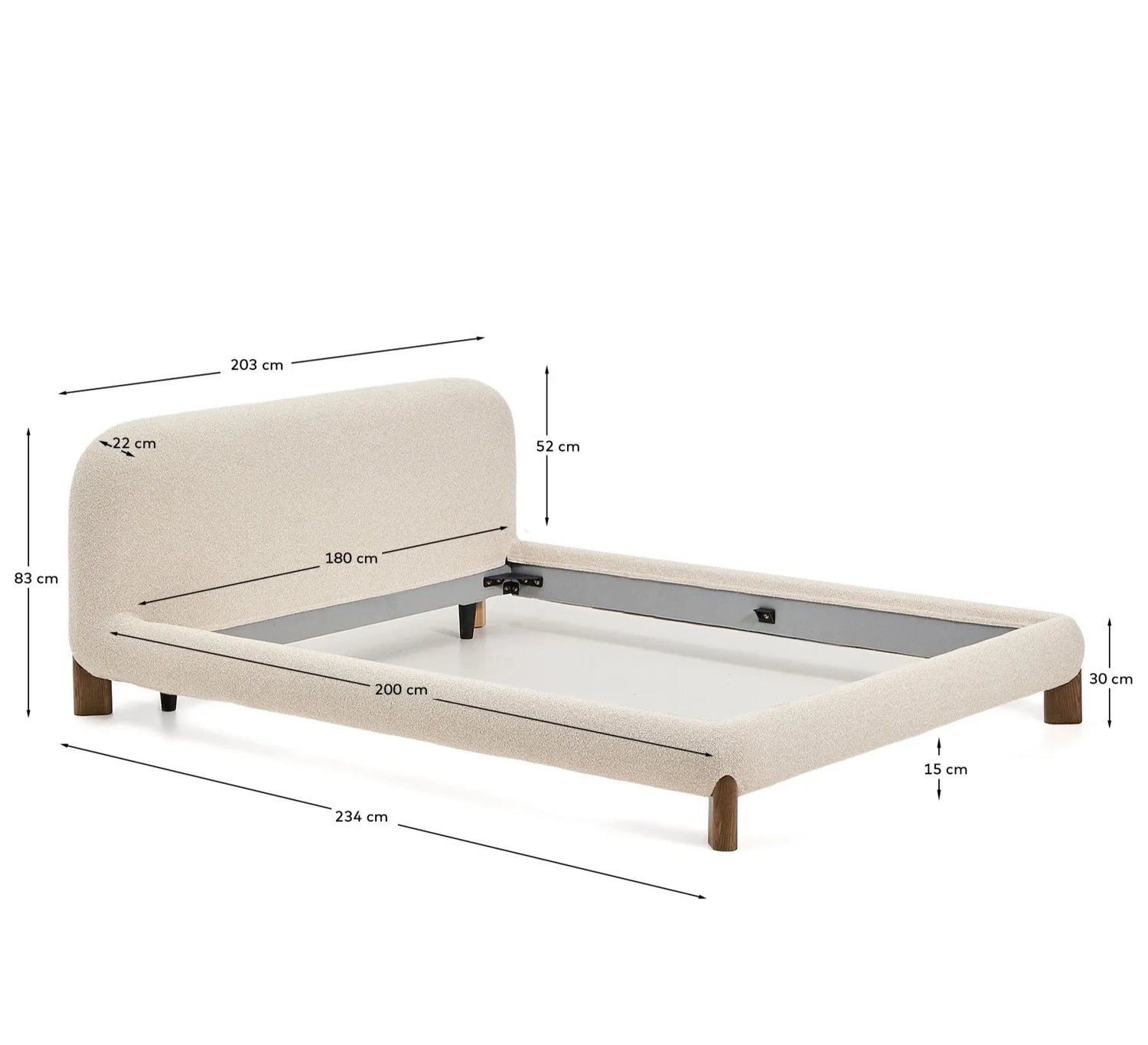 Bett Odina mit abnehmbarem Bezug aus ecrufarbenem Boucléstoff sowie Beinen aus massivem Eschenholz mit Nussbaum-Finish für Matratzen 180 x 200 cm von Kave Home – Produktbild 5