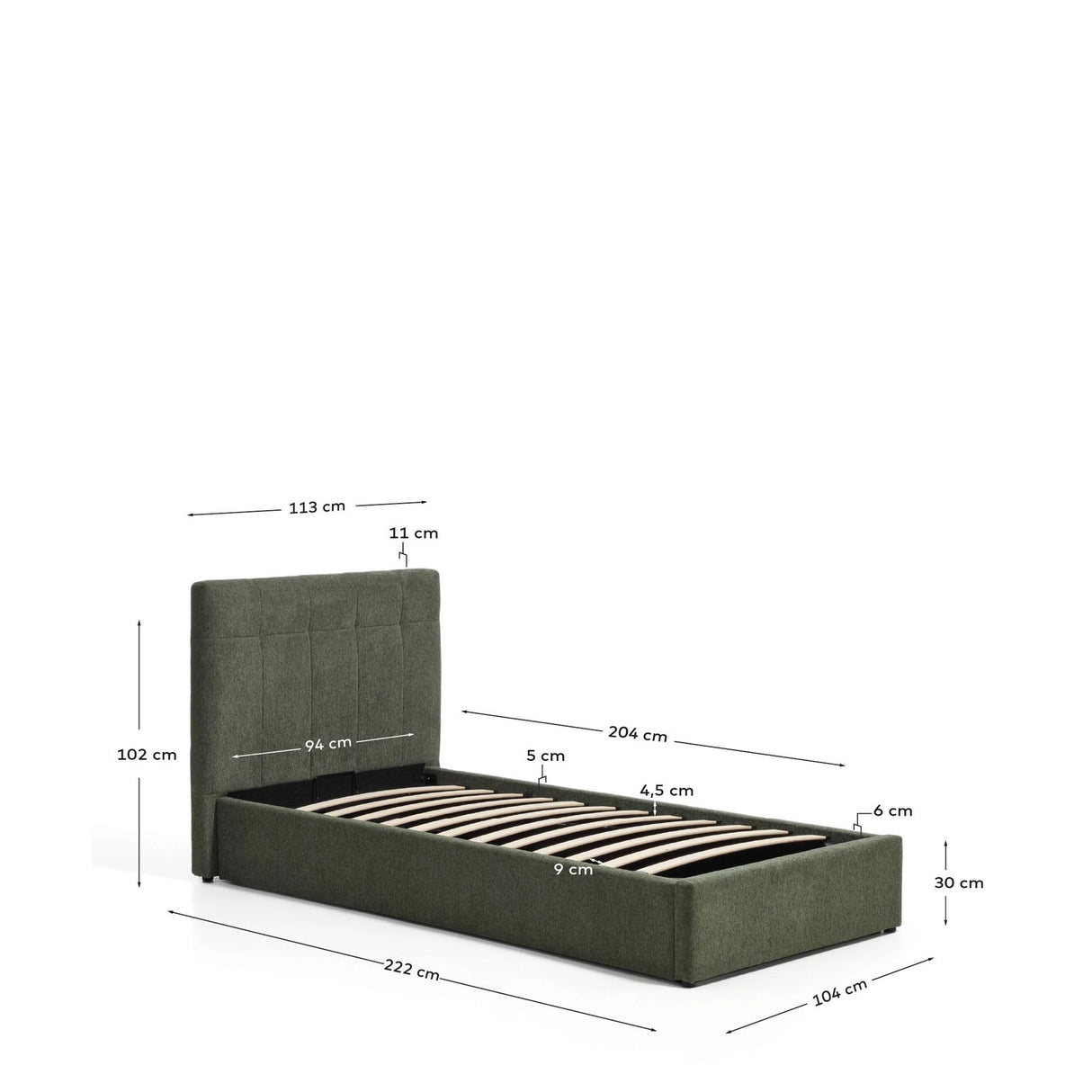 Bett mit klappbarem Bettkasten Darnela in moosgrüner Chenille für Matratzen 90 x 200 cm von Kave Home – Bild 2