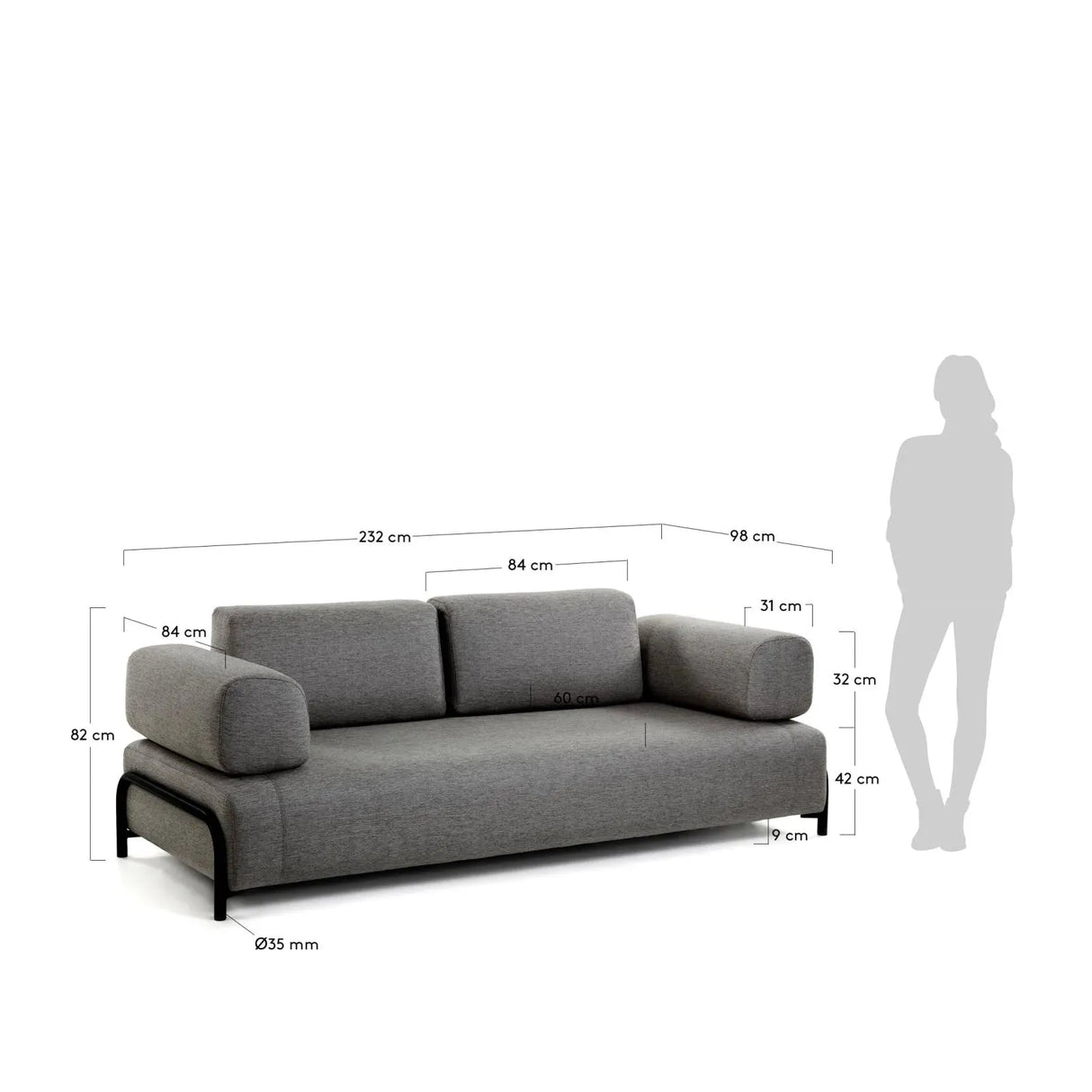 Compo 3-Sitzer Sofa dunkelgrau 232 cm - ZEN ZONE Furniture