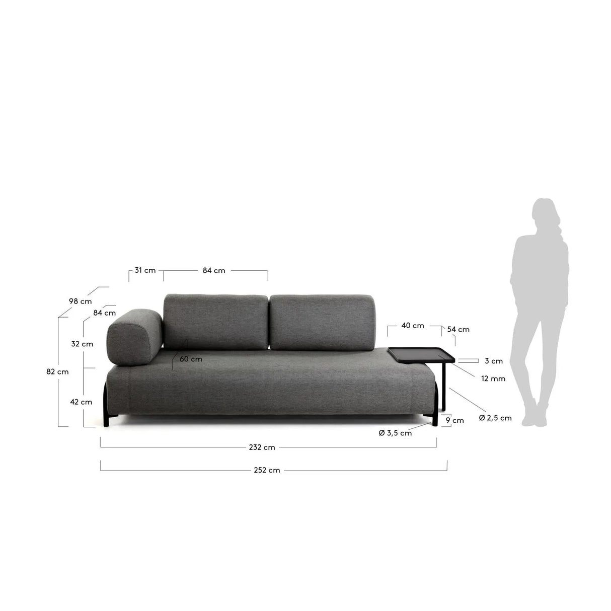 Compo 3-Sitzer Sofa dunkelgrau mit großem Tablett 252 cm - ZEN ZONE Furniture