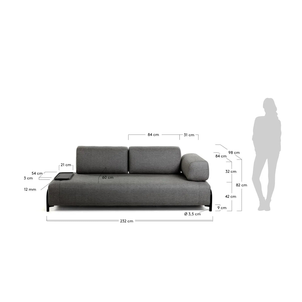 Compo 3-Sitzer Sofa dunkelgrau mit kleinem Tablett 232 cm - ZEN ZONE Furniture