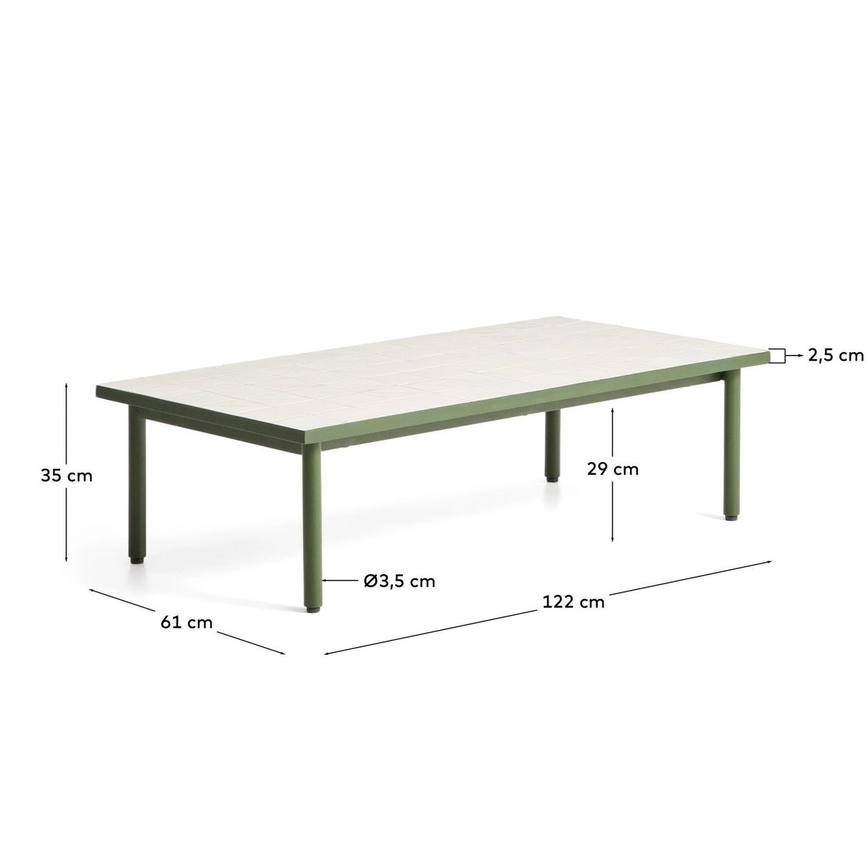 Couchtisch Maurina aus verzinktem Stahl in Grün mit ecrufarbenen Kacheln, 122 x 61 cm von Kave Home – Bild 3