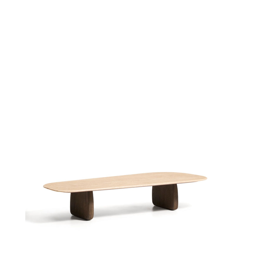 Couchtisch Pirita aus beigem Travertin mit Beinen aus massivem Eichenholz, 147 x 65 cm, FSC 100 % von Kave Home – Bild 3