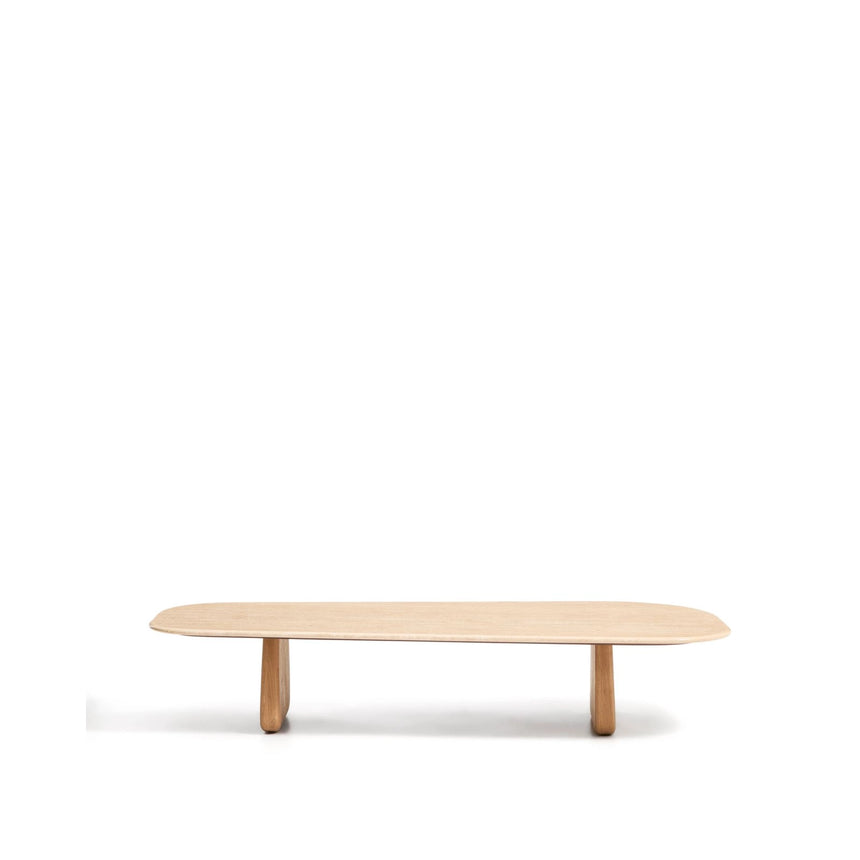 Couchtisch Pirita aus beigem Travertin mit Beinen aus massivem Eichenholz mit naturfarbenem Finish, 147 x 65 cm, FSC 100 % von Kave Home – Bild 1