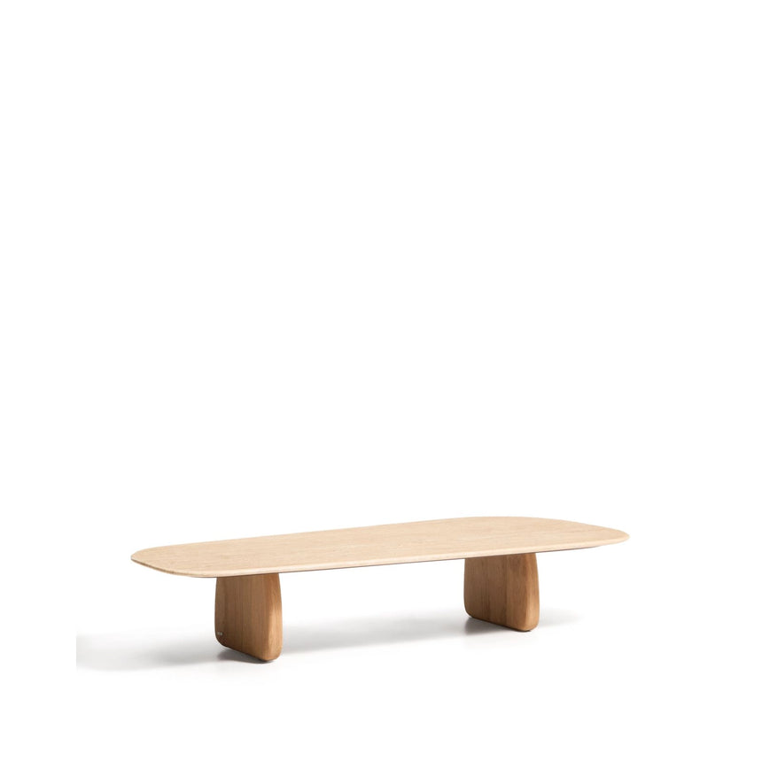 Couchtisch Pirita aus beigem Travertin mit Beinen aus massivem Eichenholz mit naturfarbenem Finish, 147 x 65 cm, FSC 100 % von Kave Home – Bild 10