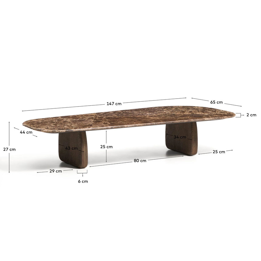 Couchtisch Pirita aus braunem Marmor mit Beinen aus massivem Eichenholz, 147 x 65 cm, FSC 100 % von Kave Home – Bild 4