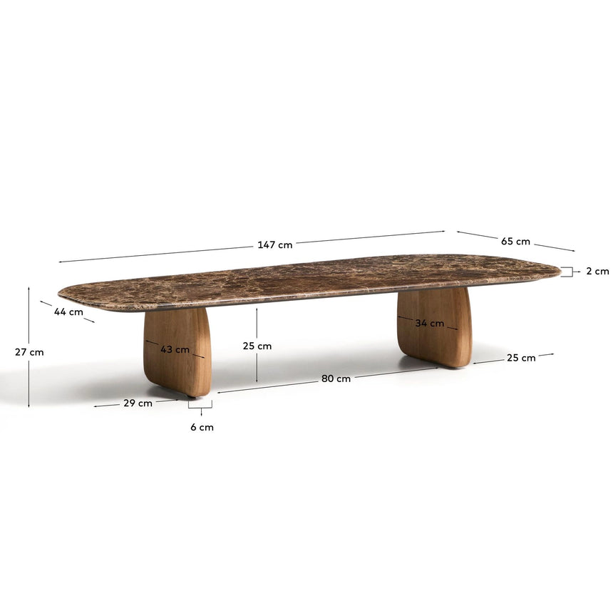 Couchtisch Pirita aus braunem Marmor mit Beinen aus massivem Eichenholz mit naturfarbenem Finish, 147 x 65 cm, FSC 100 % von Kave Home – Bild 5