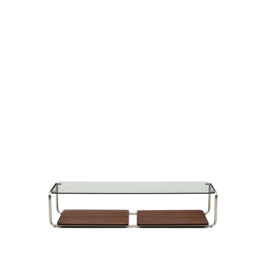 Couchtisch Tarsel aus gehärtetem Glas sowie Platte aus Nussbaumfurnier mit Gestell aus gebürstetem Edelstahl 140 x 60 cm von Kave Home – Bild 1