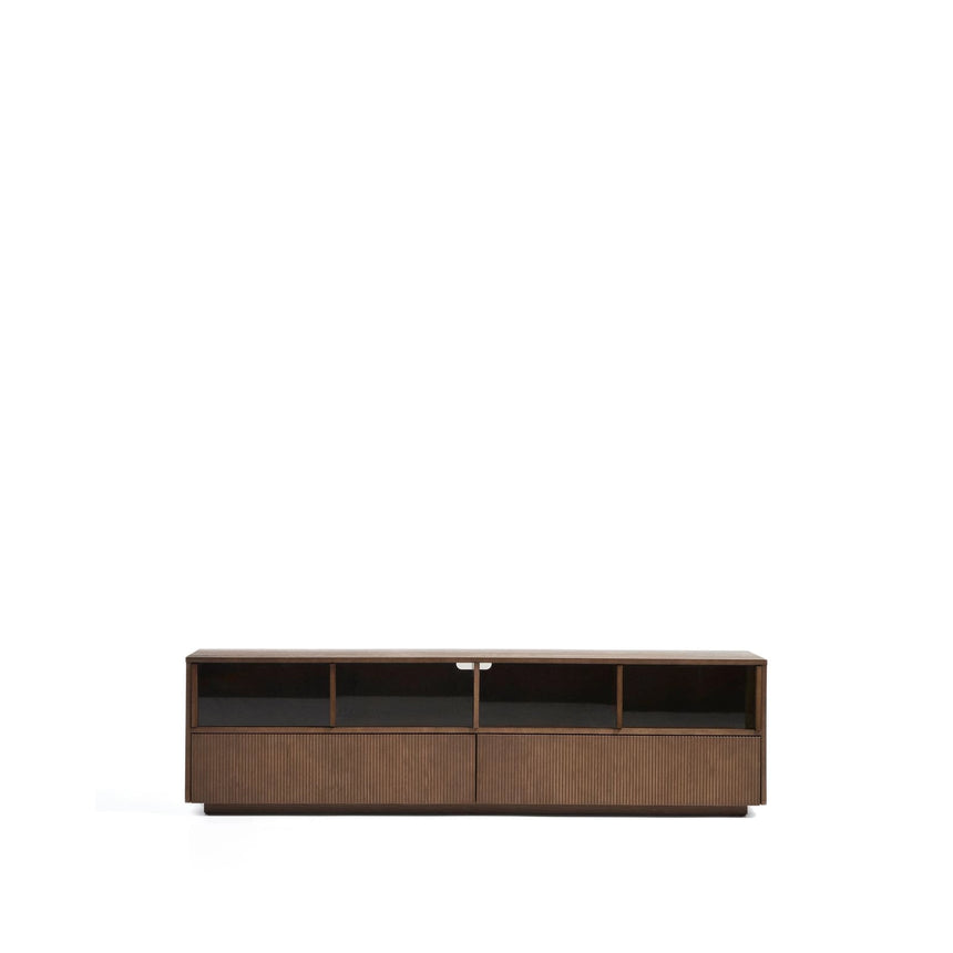 Helvine TV-Möbel mit 4 Türen und 2 Schubladen aus Eschenfurnier mit dunklem Nussbaum-Finish und gehärtetem Glas, 200 x 54 cm, FSC 100% von Kave Home – Bild 1