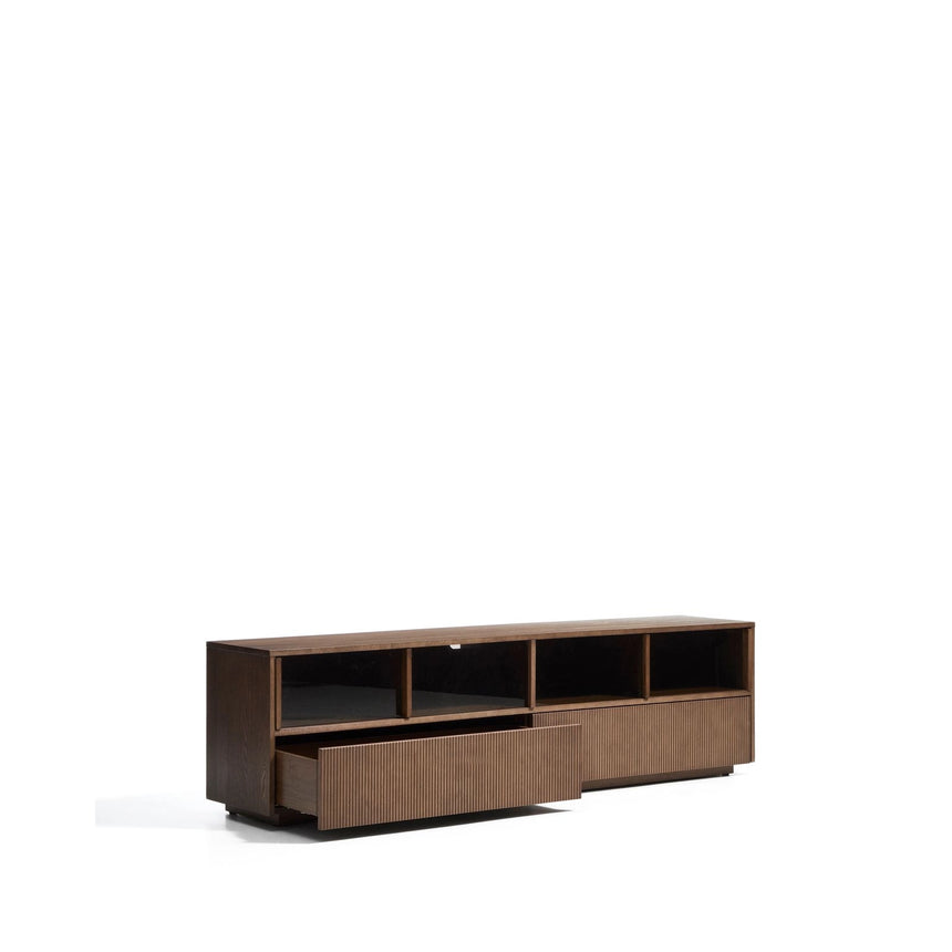 Helvine TV-Möbel mit 4 Türen und 2 Schubladen aus Eschenfurnier mit dunklem Nussbaum-Finish und gehärtetem Glas, 200 x 54 cm, FSC 100% von Kave Home – Bild 7