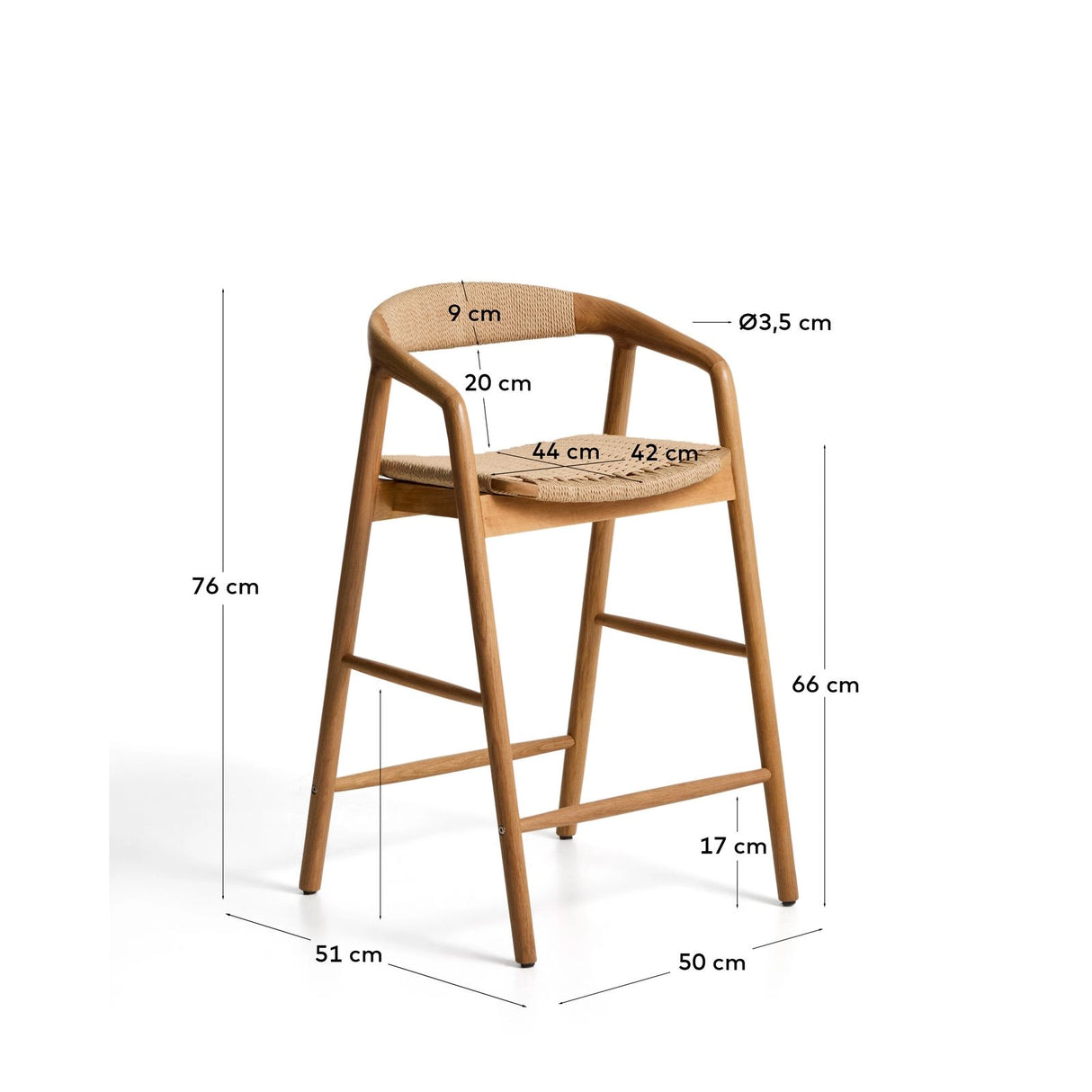 Hocker Derile aus massivem Eichenholz mit Finish in natürlichem Farbton und beigem Papierseil FSC 100% 65 cm von Kave Home – Bild 2