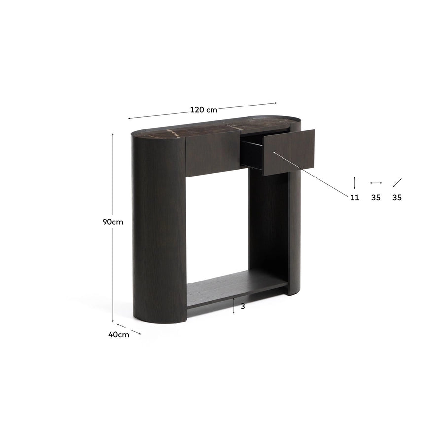 Konsolentisch Nemore mit 2 Schubladen aus Eichenfurnier und Keramikplatte mit Emperador-Marmor-Effekt, FSC Mix Credit 120 x 90 cm von Kave Home – Bild 5