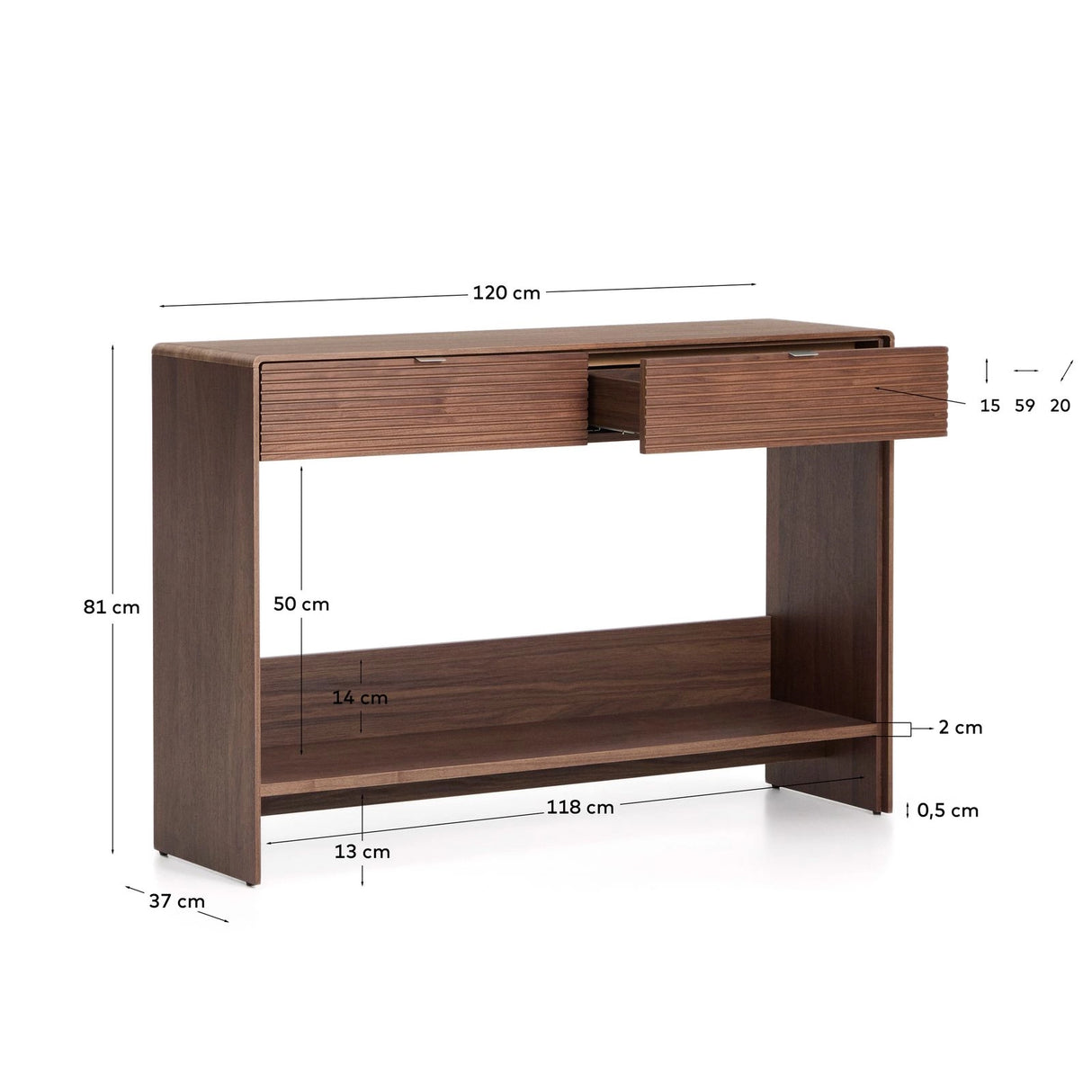 Konsolentisch Norlen in Nussbaumfurnier mit 2 Schubladen und Regalboden, FSC Mix Credit, 120 x 81 cm von Kave Home – Produktbild 2