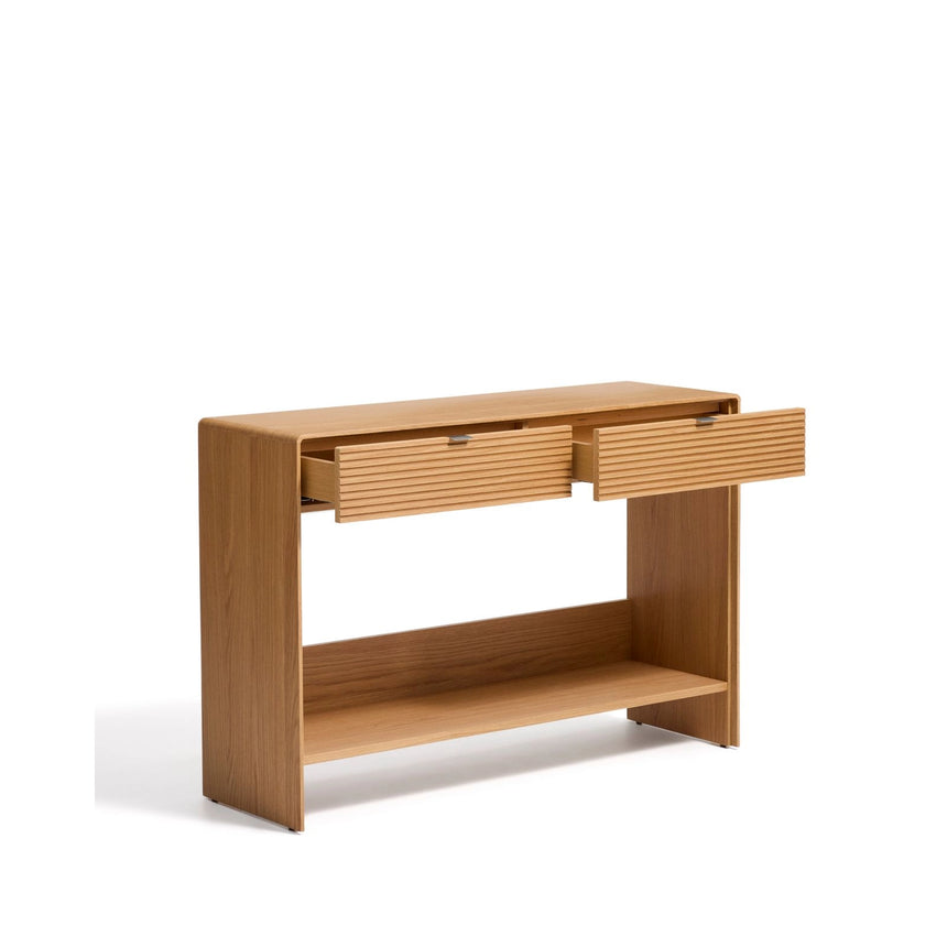 Konsolentisch Norlen mit 2 Schubladen und Regalboden in Eichenfurnier mit naturfarbenem Finish FSC Mix Credit 120 x 81 cm von Kave Home – Bild 5