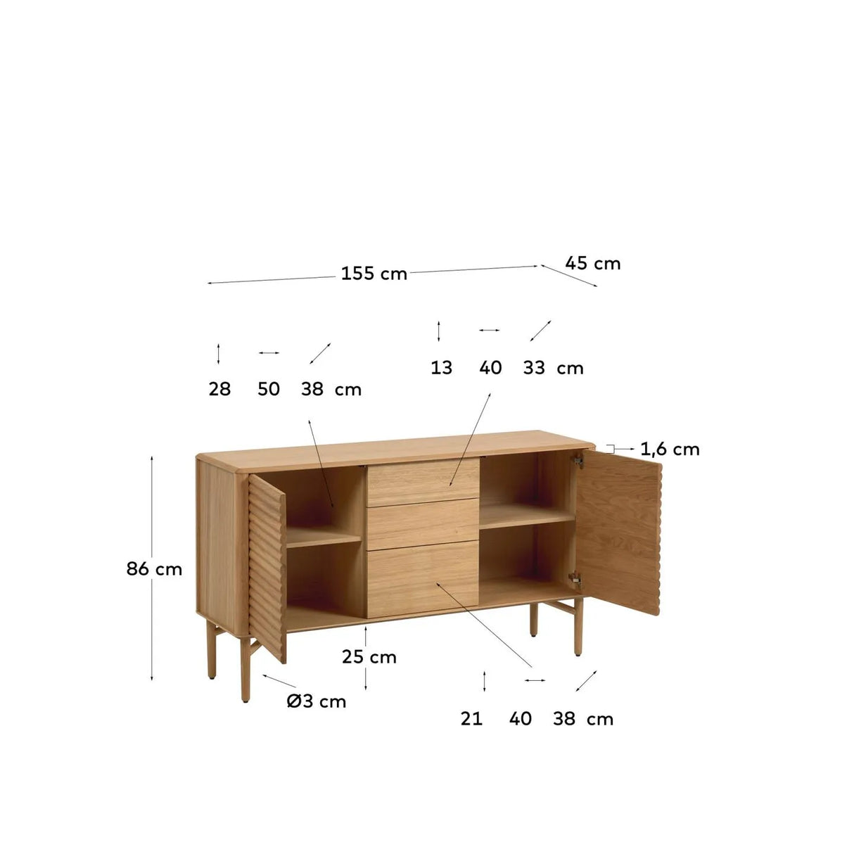 Lenon Sideboard 2 Türen 3 Schubladen Eichenholz und -furnier 155 x 86 cm FSC MIX Credit von Kave Home – Produktbild 6