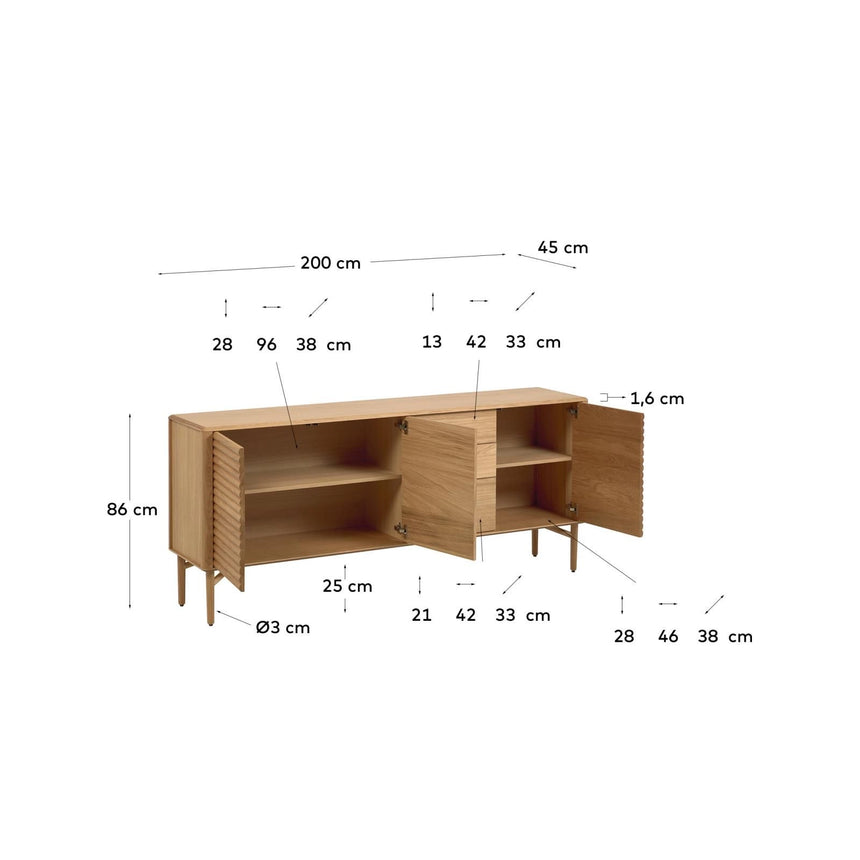 Lenon Sideboard 3 Türen 3 Schubladen Eichenholz und -furnier 200 x 86 cm FSC MIX Credit von Kave Home – Bild 4