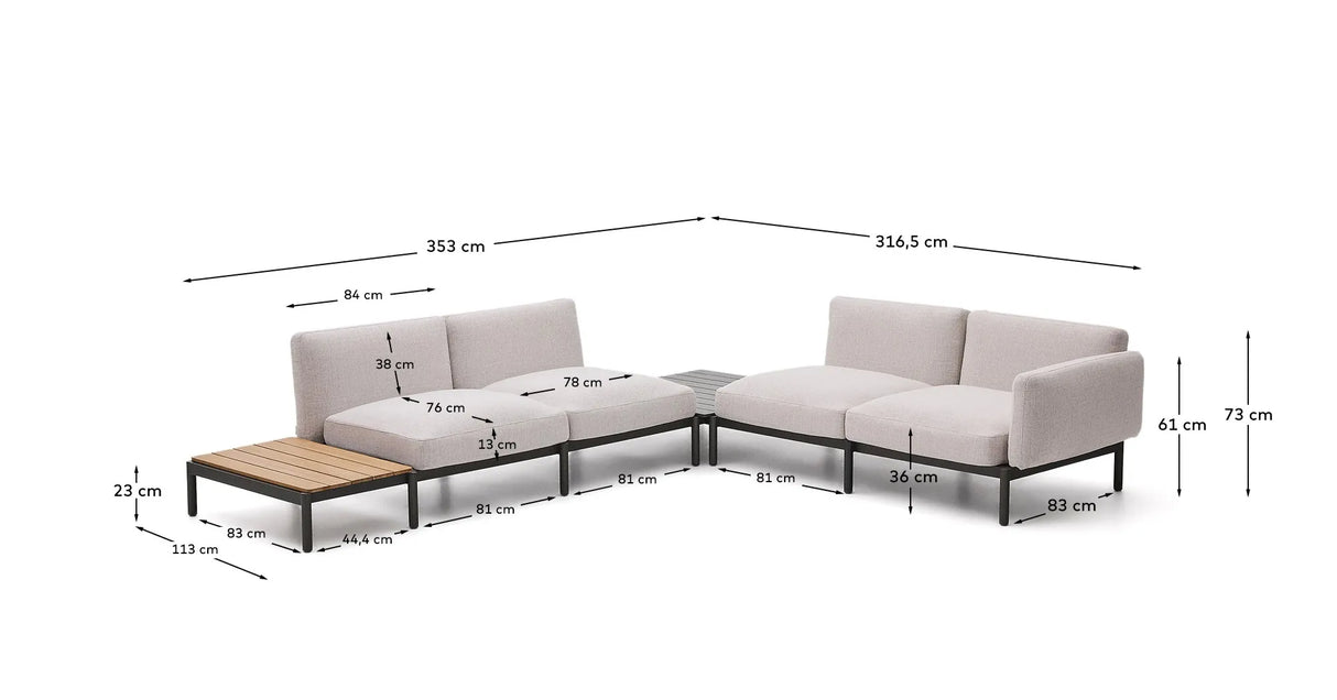 Modulares Outdoor-Ecksofa Sorells mit 4 Sitzplätzen mit beigefarbener Polsterung und grauem Aluminium, mit Tisch aus Teakholz, 353 x 316,5 cm, FSC 100 % von Kave Home – Produktbild 4