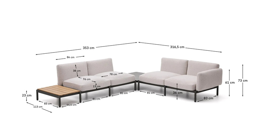 Modulares Outdoor-Ecksofa Sorells mit 4 Sitzplätzen mit beigefarbener Polsterung und grauem Aluminium, mit Tisch aus Teakholz, 353 x 316,5 cm, FSC 100 % von Kave Home – Produktbild 4